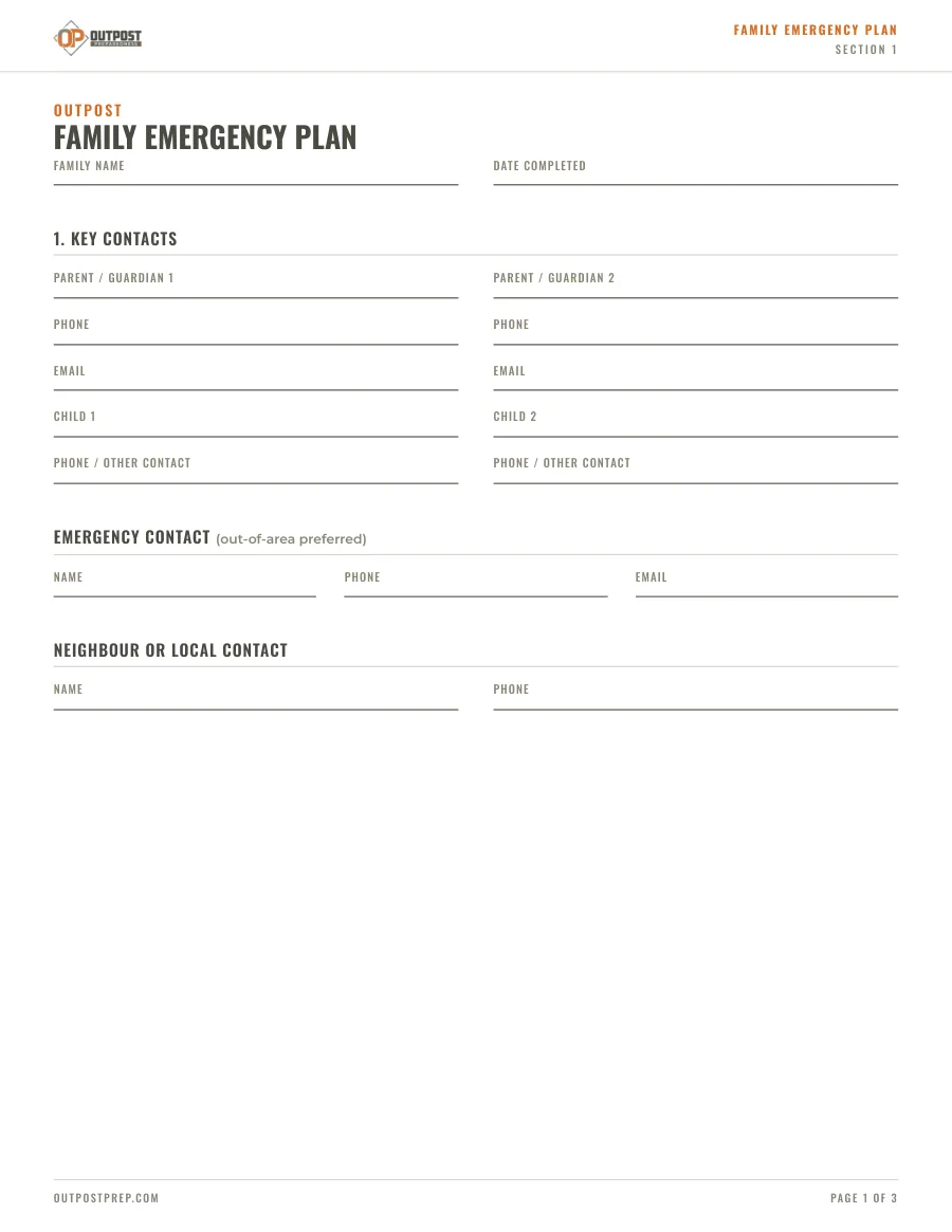 First page of Family Emergency Plan