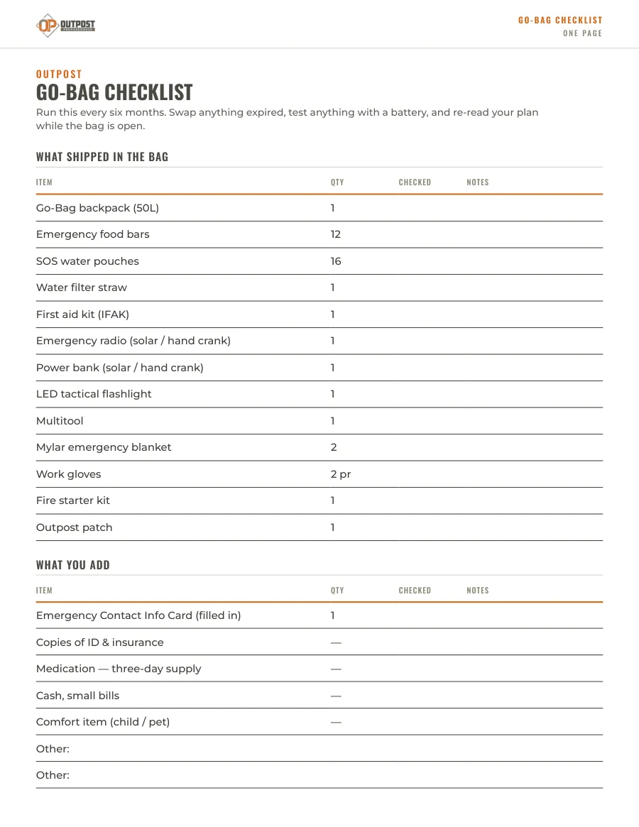 First page of Go-Bag Checklist